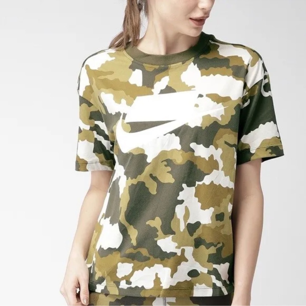 NIKE NSW Women's CAMO Logo Green Olive White CROPPED T-shirt XS